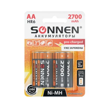 Батарейки аккумуляторные Ni-Mh пальчиковые КОМПЛЕКТ 6 шт., АА (HR6) 2700 mAh, SONNEN, 455608