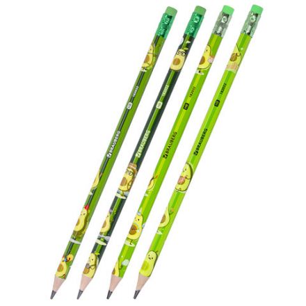 Набор карандашей чернографитных с принтом BRAUBERG "AVOCADO", 12 штук, HB, с ластиком, корпус ассорти, 182032