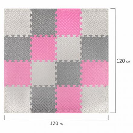 Коврик-пазл напольный 1,2х1,2 м, 16 шт., 30х30 см, толщина 1 см, серый, розовый, светло-серый, ЮНЛАНДИЯ, 664815