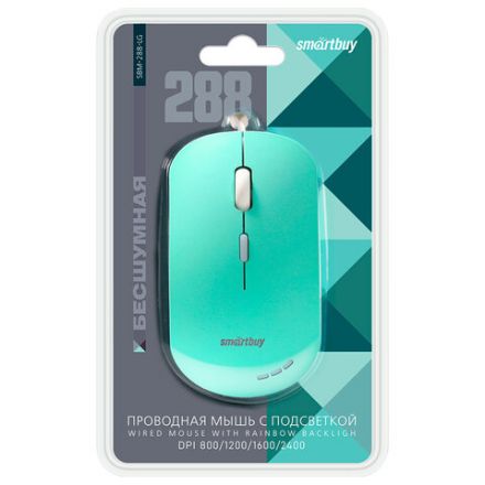 Мышь проводная бесшумная SMARTBUY 288-LG, USB, 3 кнопки + 1 колесо, оптическая, зеленая, 06826, SBM-288-LG