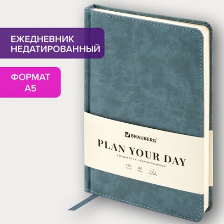 Ежедневник недатированный А5 138х213 мм BRAUBERG "Status", под кожу, 160 л., серо-голубой, 113365