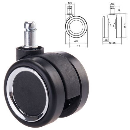 Колеса (ролики) BRABIX для кресла, прорезиненные, ХРОМ, d 60 мм, КОМПЛЕКТ 5 шт., шток d 11 мм, черные, короб, 533089