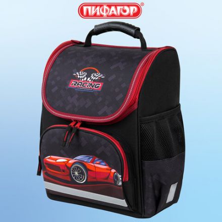 Ранец ПИФАГОР BASIC, 1 отделение, 3 кармана, эргономичная спинка, "Rocket car", 35х28х18 см, 271374