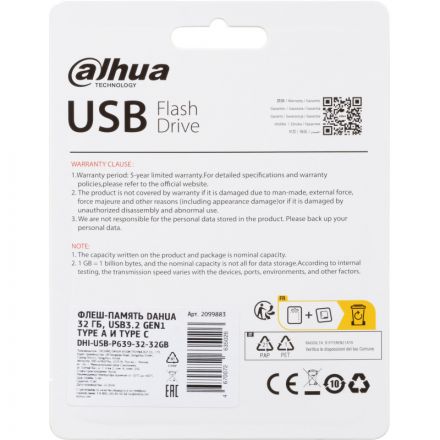 Флеш-память Dahua 32 Гб, USB3.2 Gen1 Type A и Type C DHI-USB-P639-32-32GB