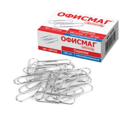 Скрепки ОФИСМАГ, 33 мм, никелированные, 100 шт., в картонной коробке, 225153 Скрепки ОФИСМАГ, 33 мм, никелированные, 100 шт., в картонной коробке, 225153