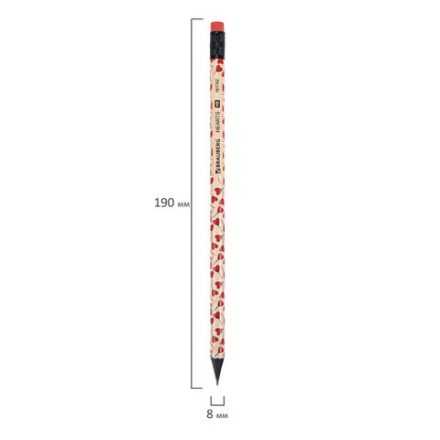 Карандаш чернографитный BRAUBERG "HEARTS", 1 шт., HB, с ластиком, корпус ассорти, 181762