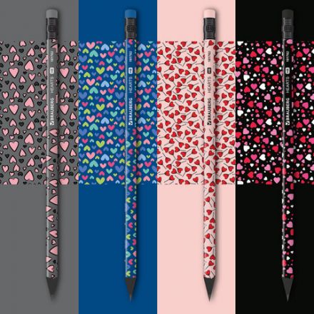 Карандаш чернографитный BRAUBERG "HEARTS", 1 шт., HB, с ластиком, корпус ассорти, 181762