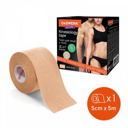 Кинезиотейп / лента для лица и тела, омоложение и восстановление, 5 см х 5 м, бежевый, DASWERK (ДАСВЕРК), 680003