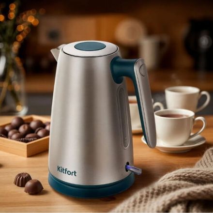 Чайник KITFORT КТ-8725, 1,7л, 2200Вт, закрытый нагревательный элемент, сталь/пластик, серебр./бирюз