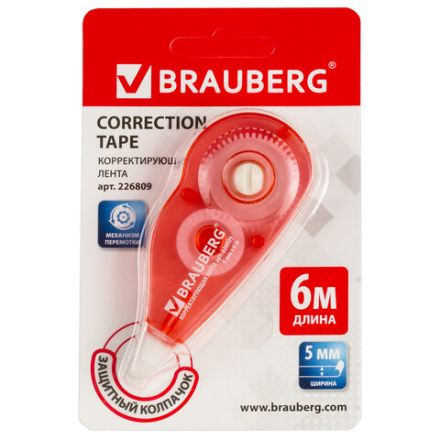 Корректирующая лента BRAUBERG, 5 мм х 6 м, корпус красный, механизм перемотки, блистер, 226809 Корректирующая лента BRAUBERG, 5 мм х 6 м, корпус красный, механизм перемотки, блистер, 226809
