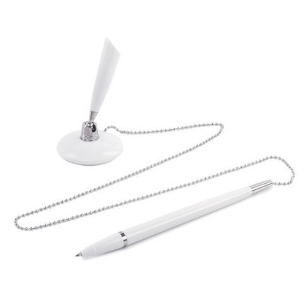 Ручка шариковая настольная BRAUBERG "Стенд-Пен Уайт1", СИНЯЯ, цепочка, корпус белый, линия письма 0,5 мм, 141044