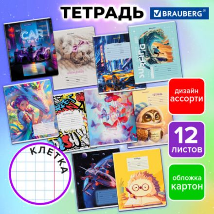 Тетрадь 12 л. BRAUBERG клетка, обложка картон, МИКС-2, 107269