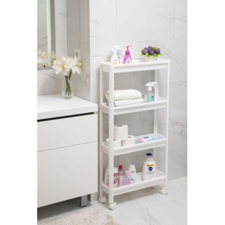 Этажерка М_VIKEA узкая 4-х ярусная на колесах, белый