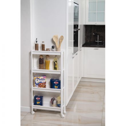 Этажерка М_VIKEA узкая 4-х ярусная на колесах, белый