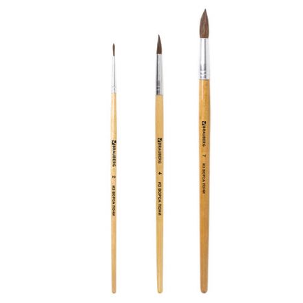 Кисти BRAUBERG, набор 3 шт. (пони, круглые № 2, 4, 7), блистер, 200220