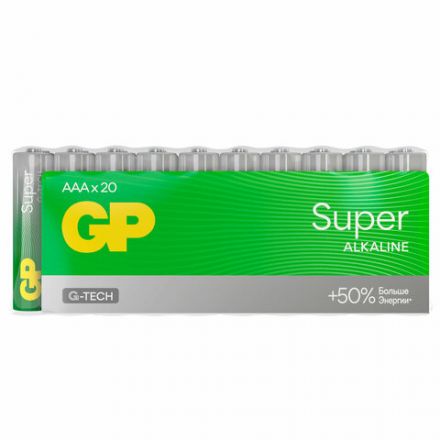 Батарейки КОМПЛЕКТ 20 шт., GP Super G-Tech, AAA (LR03, 24А), алкалиновые, мизинчиковые, 24A-2CRVS20, GP 24A-2CRVS20