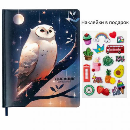 Дневник 1-11 класс 48 л., кожзам (твердая с поролоном), печать, наклейки, BRAUBERG, "Сова", 106947