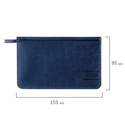 Еженедельник датированный 2026, МАЛЫЙ ФОРМАТ 95х155 мм, А6, BRAUBERG "Imperial", под кожу, синий, 117187