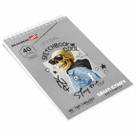 Скетчбук, белая бумага 160 г/м2, 140х201 мм, 40 л., гребень, жесткая подложка, BRAUBERG ART CLASSIC, ассорти, 115071