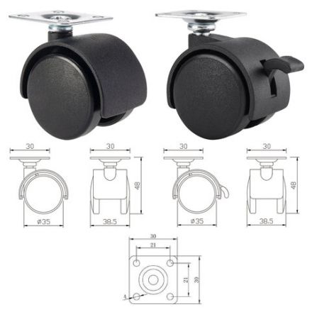 Колеса (ролики) для мебели, пластиковые d 35 мм, КОМПЛЕКТ 4 шт., черные, в пакете, WBZ (ВБЗ), 533090