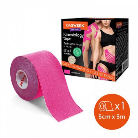 Кинезиотейп / лента для лица и тела, омоложение и восстановление, 5 см х 5 м, розовый, DASWERK (ДАСВЕРК), 680004