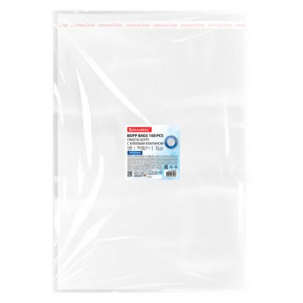 Пакеты БОПП с клеевым клапаном, КОМПЛЕКТ 100 штук, 30х40 + 4 см, 53 мкм, с усиленным швом, BRAUBERG, 700418