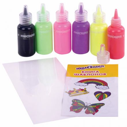 Краски витражные ЮНЛАНДИЯ "НЕОНЧИКИ", 5 цветов светящихся в темноте + 1 черный, 20 мл, шаблоны, 191760 Краски витражные ЮНЛАНДИЯ "НЕОНЧИКИ", 5 цветов светящихся в темноте + 1 черный, 20 мл, шаблоны, 191760