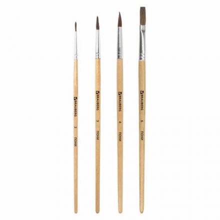 Кисти BRAUBERG, набор 4 шт. (пони, круглые № 2, 3, 4, плоская № 6), блистер, 200221