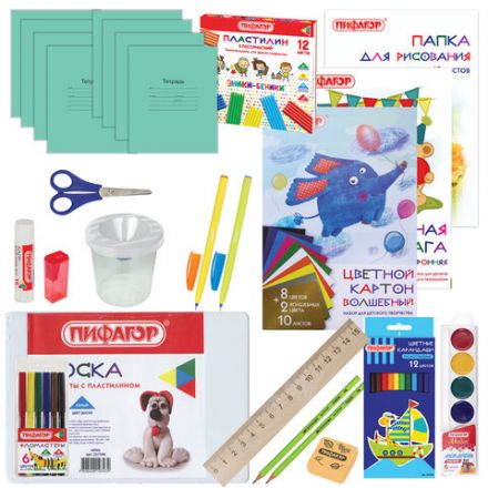Набор школьных принадлежностей в подарочной коробке ПИФАГОР "НАБОР ПЕРВОКЛАССНИКА", 36 предметов, 880121