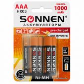 Батарейки аккумуляторные Ni-Mh мизинчиковые КОМПЛЕКТ 6 шт., AAA (HR03) 1000 mAh, SONNEN, 455611