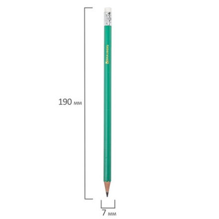 Карандаши чернографитные BRAUBERG НАБОР 12 шт., НВ, с резинкой, пластиковый зеленый корпус, 180678