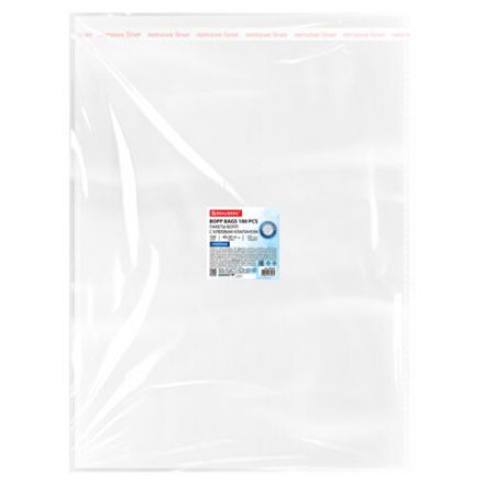 Пакеты БОПП с клеевым клапаном, КОМПЛЕКТ 100 штук, 40х50 + 4 см, 53 мкм, с усиленным швом, BRAUBERG, 700419