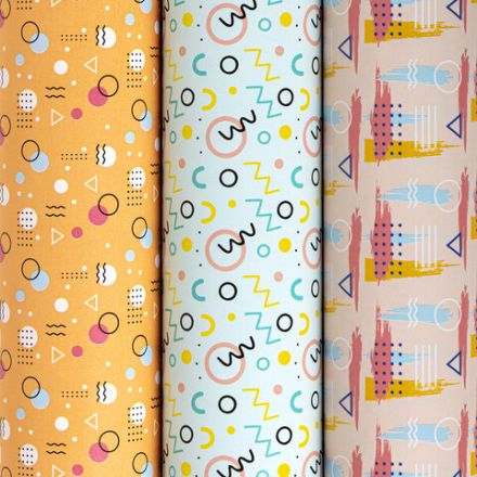 Бумага упаковочная мелованная НАБОР 3 шт., "Memphis", 70х100 см, 3 дизайна, ЗОЛОТАЯ СКАЗКА, 592067