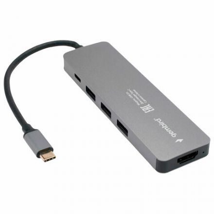 Док-станция GEMBIRD Type-C 5 в 1: 3хUSB3.1, PD100W, HDMI, кабель 17 см, алюминий, UHB-D1