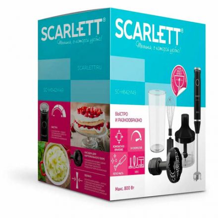 Блендер погружной SCARLETT SC-HB42M49, 800Вт, 14 скоростей, 4 насадки, стакан, черный Блендер погружной SCARLETT SC-HB42M49, 800Вт, 14 скоростей, 4 насадки, стакан, черный