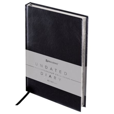 Ежедневник недатированный А5 138х213 мм BRAUBERG "FLAME", под кожу, 160 л., черный, серебряный срез, 113425