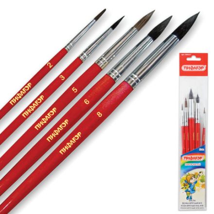 Кисти ПИФАГОР, набор 5 шт. (БЕЛКА: круглая № 3; КОЗА: круглые № 6, 8; ПОНИ: круглые № 2, 5), пакет с европодвесом, 200231 Кисти ПИФАГОР, набор 5 шт. (БЕЛКА: круглая № 3; КОЗА: круглые № 6, 8; ПОНИ: круглые № 2, 5), пакет с европодвесом, 200231