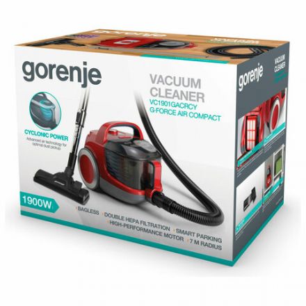 Пылесос GORENJE VC1901GACRCY с контейнером "циклон", 1900 Вт, мощность всасывания 300 Вт, красный