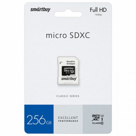 Карта памяти microSDXC 256 GB SMARTBUY, UHS-I, 90 Мб/сек (class 10), с адаптером, SB256GBSDCL10-01