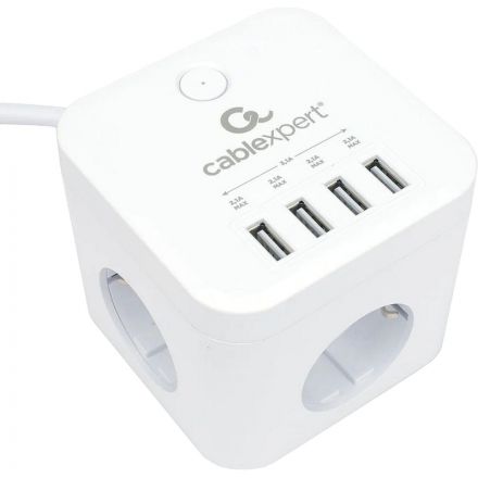 Сетевой фильтр Cablexpert Cube 3р/1,5м, 10А, 4хUSB, белый(CUBE-3-U4-W-1.5)