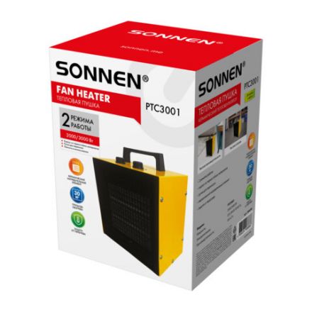 Тепловая пушка электрическая SONNEN PTC3001, 3000 Вт, керамический нагревательный элемент, 2 режима, 456206