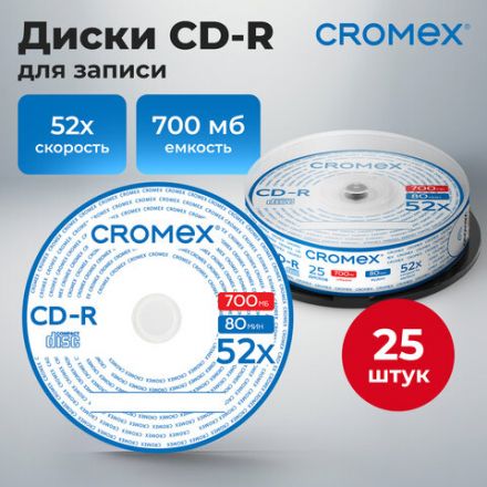 Диск CD-R CROMEX (КРОМЕКС), 700 Mb, 52x, Cake Box (упаковка на шпиле), КОМПЛЕКТ 25 шт., 513776 Диск CD-R CROMEX (КРОМЕКС), 700 Mb, 52x, Cake Box (упаковка на шпиле), КОМПЛЕКТ 25 шт., 513776