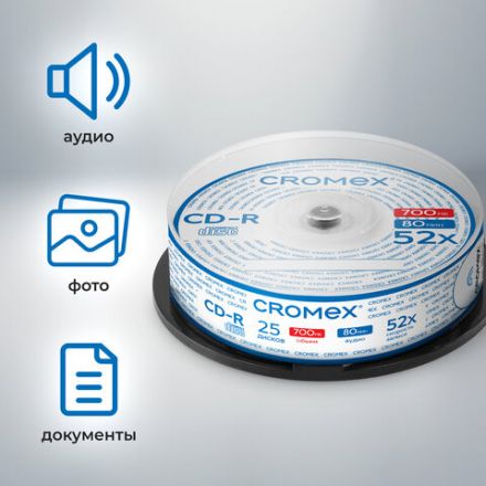Диск CD-R CROMEX (КРОМЕКС), 700 Mb, 52x, Cake Box (упаковка на шпиле), КОМПЛЕКТ 25 шт., 513776 Диск CD-R CROMEX (КРОМЕКС), 700 Mb, 52x, Cake Box (упаковка на шпиле), КОМПЛЕКТ 25 шт., 513776