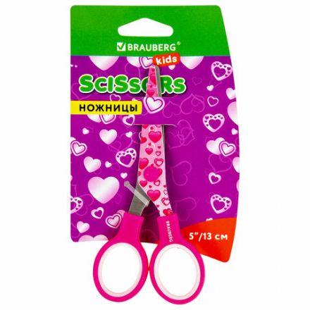 Ножницы 130 мм с цветной печатью "Сердечки", малиновые, закругленные, BRAUBERG KIDS, 232275 Ножницы 130 мм с цветной печатью "Сердечки", малиновые, закругленные, BRAUBERG KIDS, 232275
