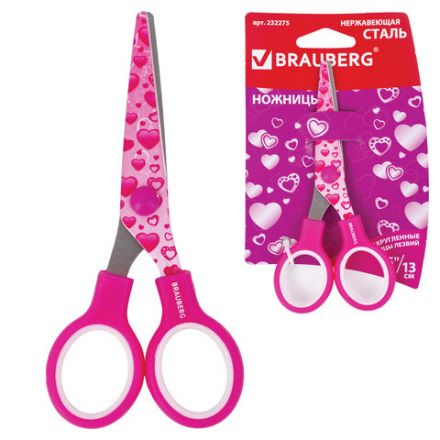 Ножницы 130 мм с цветной печатью "Сердечки", малиновые, закругленные, BRAUBERG KIDS, 232275 Ножницы 130 мм с цветной печатью "Сердечки", малиновые, закругленные, BRAUBERG KIDS, 232275