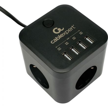Сетевой фильтр Cablexpert Cube 3р/1,5м, 10А, 4хUSB, черный(CUBE-3-U4-B-1.5)