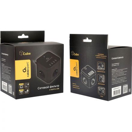 Сетевой фильтр Cablexpert Cube 3р/1,5м, 10А, 4хUSB, черный(CUBE-3-U4-B-1.5)