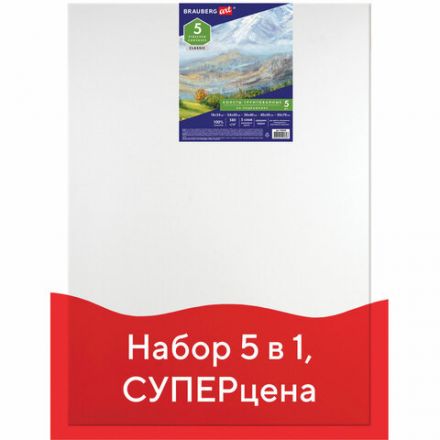 Холсты на подрамнике BRAUBERG ART CLASSIC, НАБОР 5 шт., грунтованные, 100% хлопок, среднее зерно, 190650