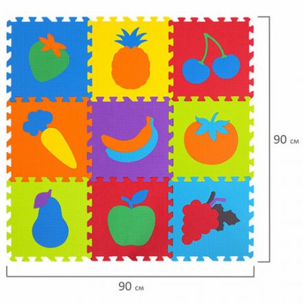 Коврик-пазл напольный 0,9х0,9 м мягкий "Фрукты-овощи", 9 частей 30х30 см, толщина 1 см, ЮНЛАНДИЯ, 664665
