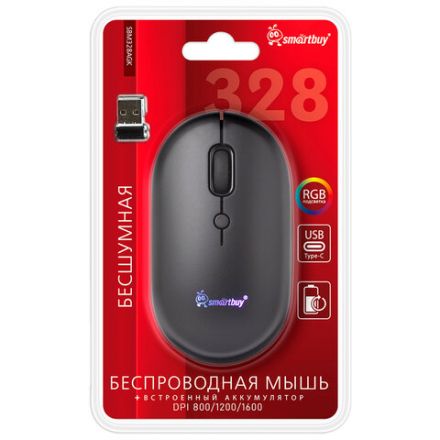 Мышь беспроводная бесшумная SMARTBUY 328AG, USB, 3 кнопки + 1 колесо-кнопка, черный, SBM328AGK